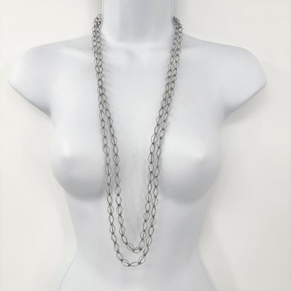 Natasha Silver-tone Woven Link Necklace – 36" Length, Two Strand, Textured Links - Picture 1 of 7